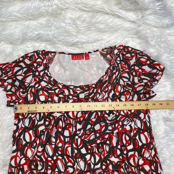 Elle Women's Abstract Print Pleated Neckline Short Sleeve Top Red Black Size S - Picture 9 of 11